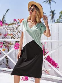 RueChic Colourblock V Neck Tee Dress - Multicolor - View 5