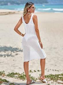 EURMUSE Hollow Out Knit Cover Up Dress Without Bikini - White - View 2