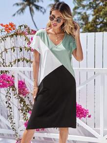 RueChic Colourblock V Neck Tee Dress - Multicolor - View 1