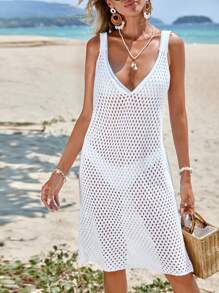 EURMUSE Hollow Out Knit Cover Up Dress Without Bikini - White - View 5
