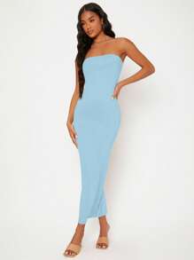 SHEIN BASICS Solid Tube Bodycon Casual Dinner Dating Dress/Summer\Elegant\Off-Shoulder\Party - Baby Blue - View 3