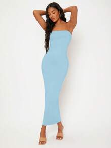 SHEIN BASICS Solid Tube Bodycon Casual Dinner Dating Dress/Summer\Elegant\Off-Shoulder\Party - Baby Blue - View 5