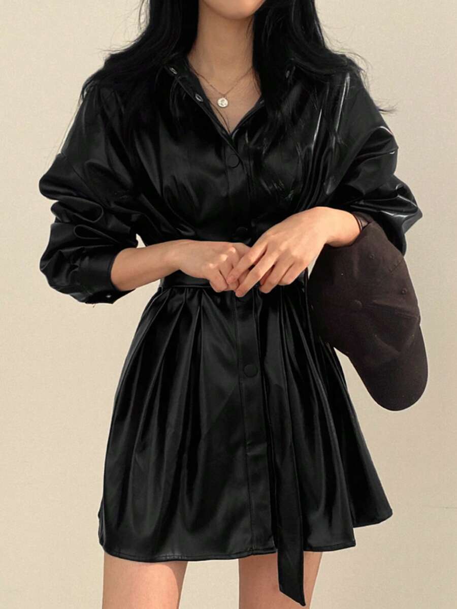 素色落肩袖腰帶PU皮革襯衫洋裝