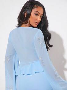 SHEIN SXY Rhinestone Detail Flounce Sleeve Ruffle Hem Blouse - Baby Blue - View 2