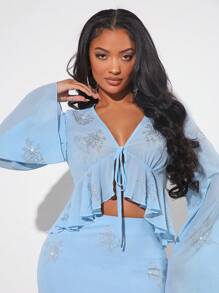 SHEIN SXY Rhinestone Detail Flounce Sleeve Ruffle Hem Blouse - Baby Blue - View 4