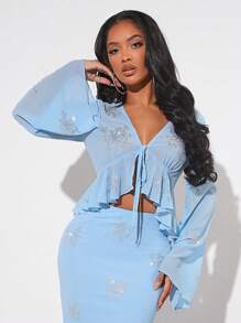 SHEIN SXY Rhinestone Detail Flounce Sleeve Ruffle Hem Blouse - Baby Blue - View 7