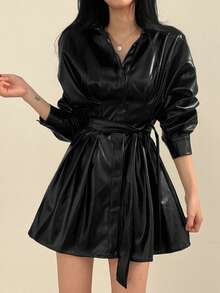 素色落肩袖腰帶PU皮革襯衫洋裝