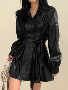 素色落肩袖腰帶PU皮革襯衫洋裝