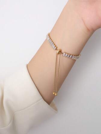 1pc French Style Minimalist Stainless Steel Chain Bracelet With Star & Cubic Zirconia Decor For Girls' Vacation Style