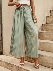 SHEIN LUNE 紙袋腰前繫帶百褶闊腿褲 - 薄荷綠 - 查看 3