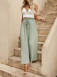 SHEIN LUNE 紙袋腰前繫帶百褶闊腿褲 - 薄荷綠 - 查看 1