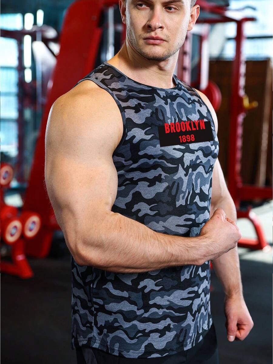 男士迷彩和標語圖案運動背心