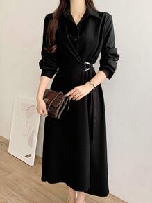 Solid Button Front Shirt Dress - Black - View 1