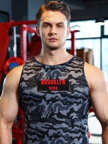 男士迷彩和標語圖案運動背心