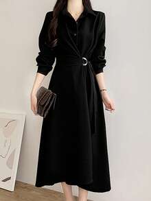 Solid Button Front Shirt Dress - Black - View 4