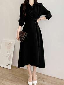 Solid Button Front Shirt Dress - Black - View 7