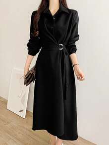 Solid Button Front Shirt Dress - Black - View 8