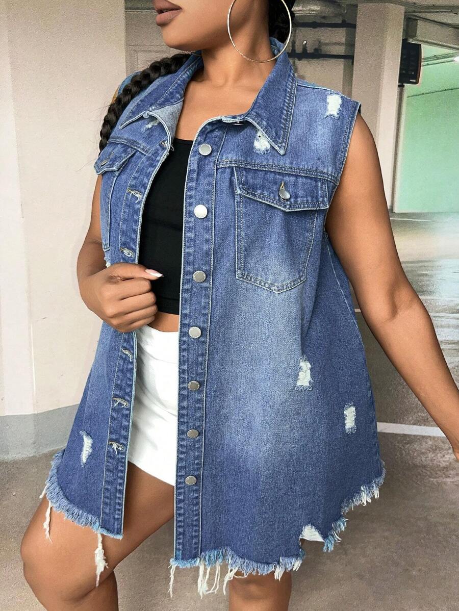 SHEIN Essnce 大码牛仔无袖夹克，休闲修身蓝色背心