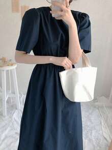 Vestido unicolor de manga farol doblado trasero - Azul Marino - Ver 4