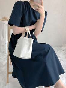 Vestido unicolor de manga farol doblado trasero - Azul Marino - Ver 6
