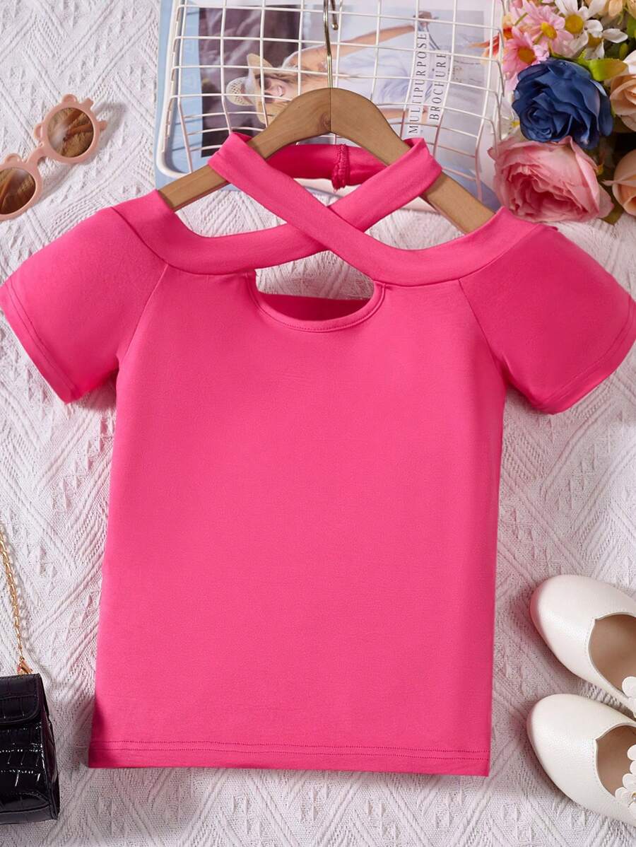 SHEIN Tops con gái Hội Chữ thập Cắt ra màu trơn Giải trí - Màu Hồng Tươi - Xem 1
