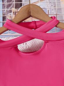 SHEIN Tops con gái Hội Chữ thập Cắt ra màu trơn Giải trí - Màu Hồng Tươi - Xem 3