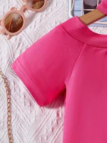 SHEIN Tops con gái Hội Chữ thập Cắt ra màu trơn Giải trí - Màu Hồng Tươi - Xem 4