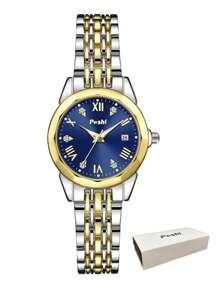 Poshi 1 pieza Reloj de cuarzo con correa de acero inoxidable y calendario de la marca POSHI, de moda y casual para damas