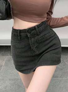 Váy denim bó sát cạp cao, mùa hè - màu đen - Xem 1