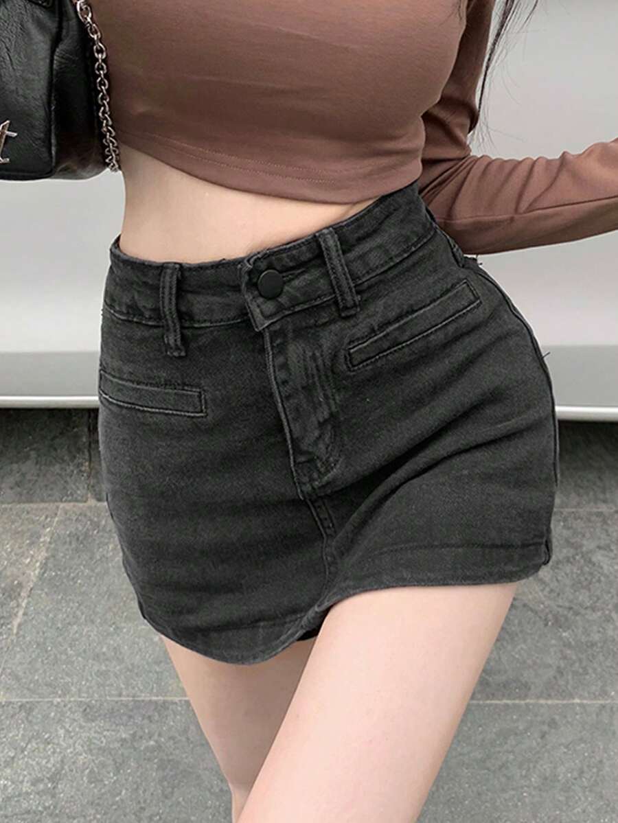 Váy denim bó sát cạp cao, mùa hè - màu đen - Xem 1