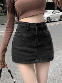 Váy denim bó sát cạp cao, mùa hè - màu đen - Xem 4