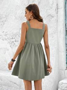 EMERY ROSE 素色前紐扣吊帶連衣裙 - 軍綠色 - 查看 2