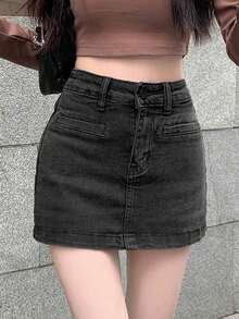 Váy denim bó sát cạp cao, mùa hè - màu đen - Xem 5