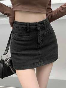 Váy denim bó sát cạp cao, mùa hè - màu đen - Xem 7