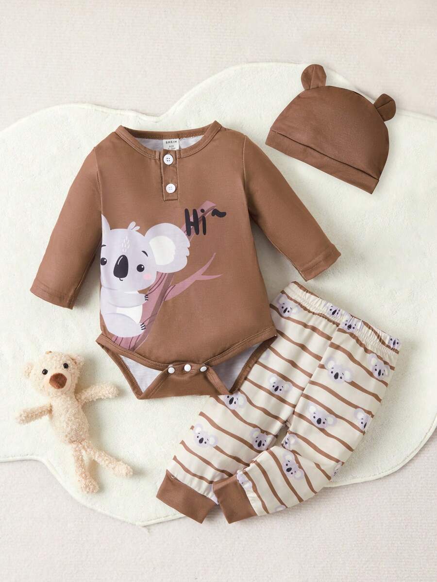 Baby Koala Print Bodysuit & Striped Trousers PJ Set - Brown - View 1
