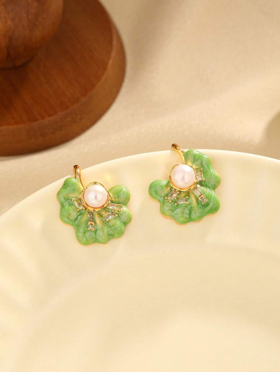 1 对法式时尚度假风格优雅奢华仿珍珠和珐琅和贝壳装饰节日派对耳钉 - 綠色 - 查看 1