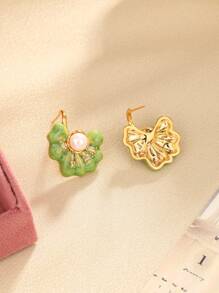 1 对法式时尚度假风格优雅奢华仿珍珠和珐琅和贝壳装饰节日派对耳钉 - 綠色 - 查看 2