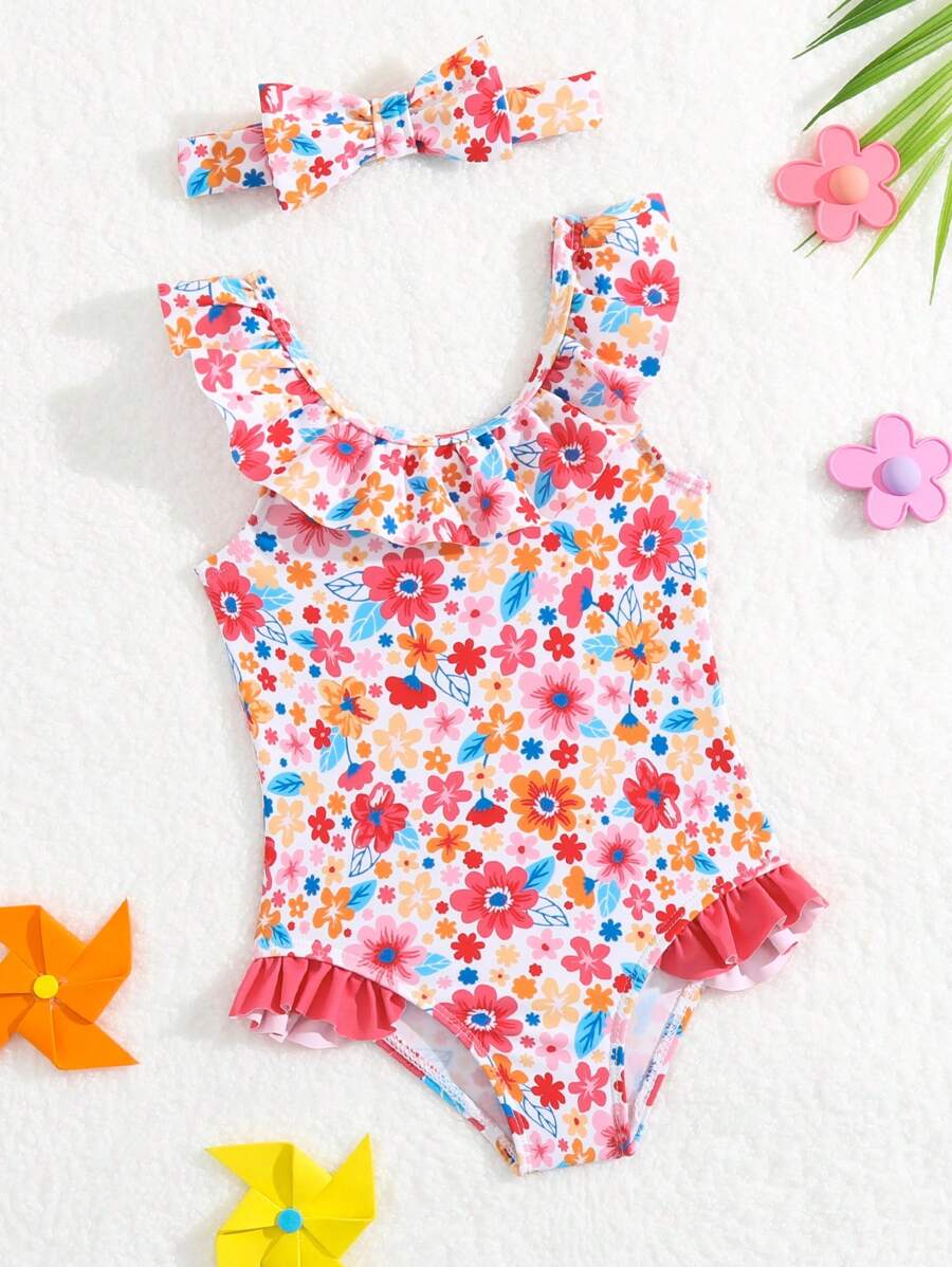 嬰兒花卉印花飛揚荷葉邊連體泳衣 - 彩色 - 查看 1