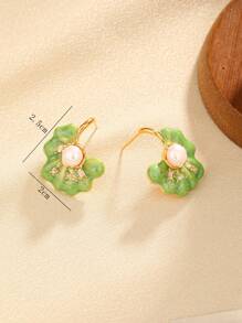 1 对法式时尚度假风格优雅奢华仿珍珠和珐琅和贝壳装饰节日派对耳钉 - 綠色 - 查看 4