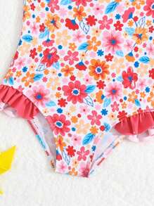 嬰兒花卉印花飛揚荷葉邊連體泳衣 - 彩色 - 查看 4