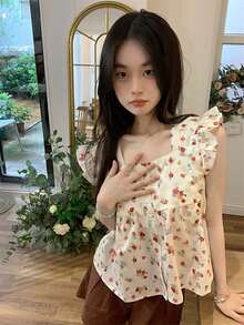 Allover Floral Ruffle Trim Button Front Blouse - Apricot - View 4