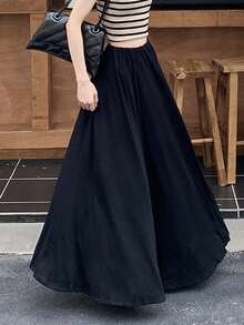 Solid Elastic Waist Flared Skirt Maxi Skirt - Black - View 3