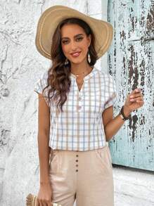 EMERY ROSE Summer Vacation Casual Plaid Notched Neck Shirt