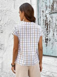 EMERY ROSE Summer Vacation Casual Plaid Notched Neck Shirt