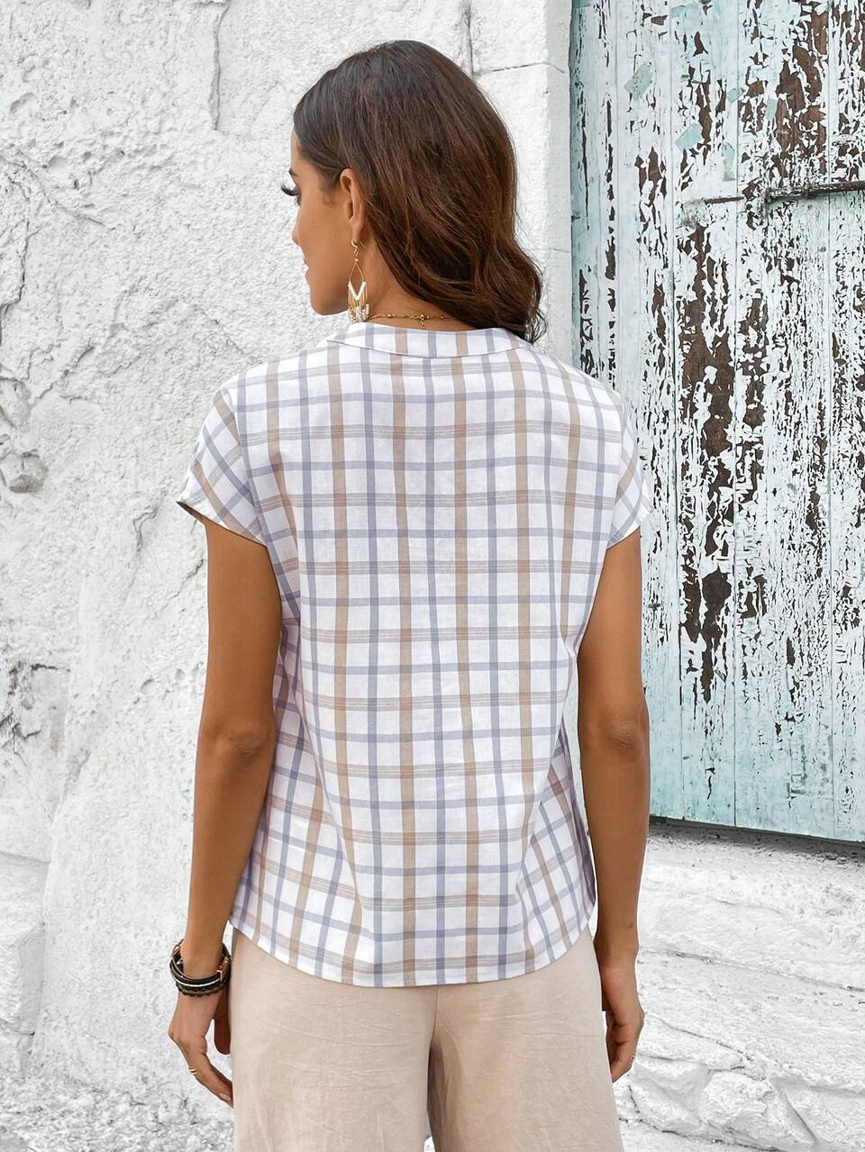 Summer Vacation Casual Plaid Notched Neck Shirt