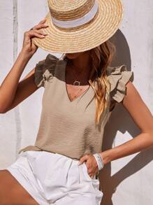 EMERY ROSE Solid Ruffle Trim V Neck Blouse