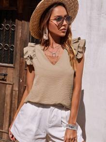 EMERY ROSE Solid Ruffle Trim V Neck Blouse