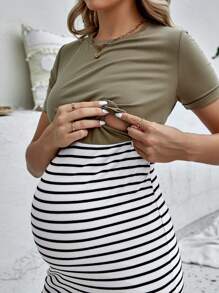 SHEIN Maternity Striped Print Nursing Bodycon Dress - Olive Green - View 4