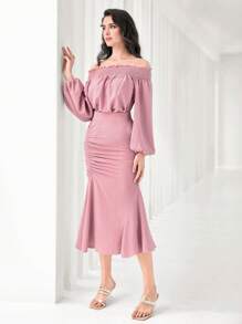 Modelyn Off Shoulder Lantern Sleeve Top & Ruched Mermaid Hem Skirt - Dusty Pink - View 1