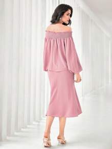 Modelyn Off Shoulder Lantern Sleeve Top & Ruched Mermaid Hem Skirt - Dusty Pink - View 2